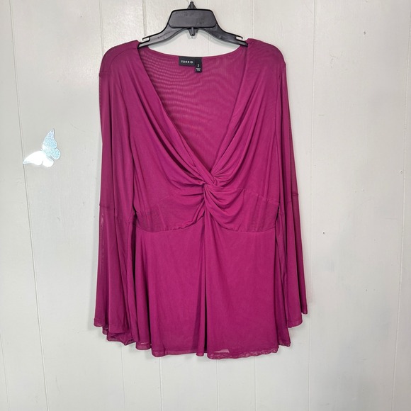 Torrid Women's Top Plus Size 2X Long Sleeve Twist Front Mesh Magenta - Picture 1 of 12